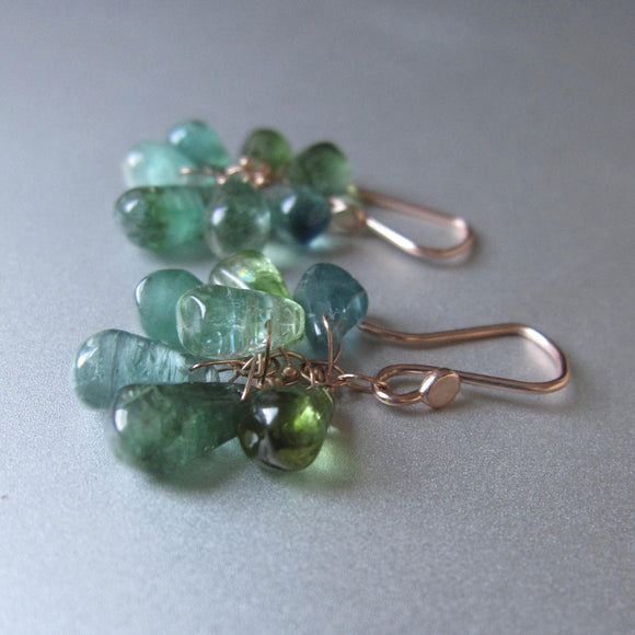 multi blue green tourmalne clusters solid 14k rose gold earrings