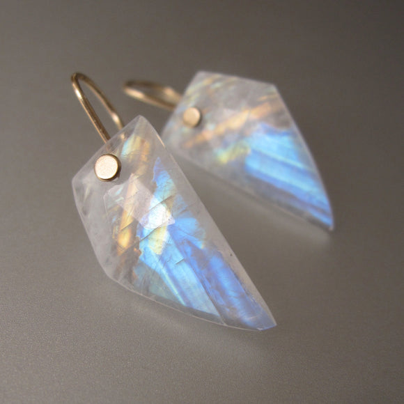 rainbow moonstone angular wing slices solid 14k gold earrings