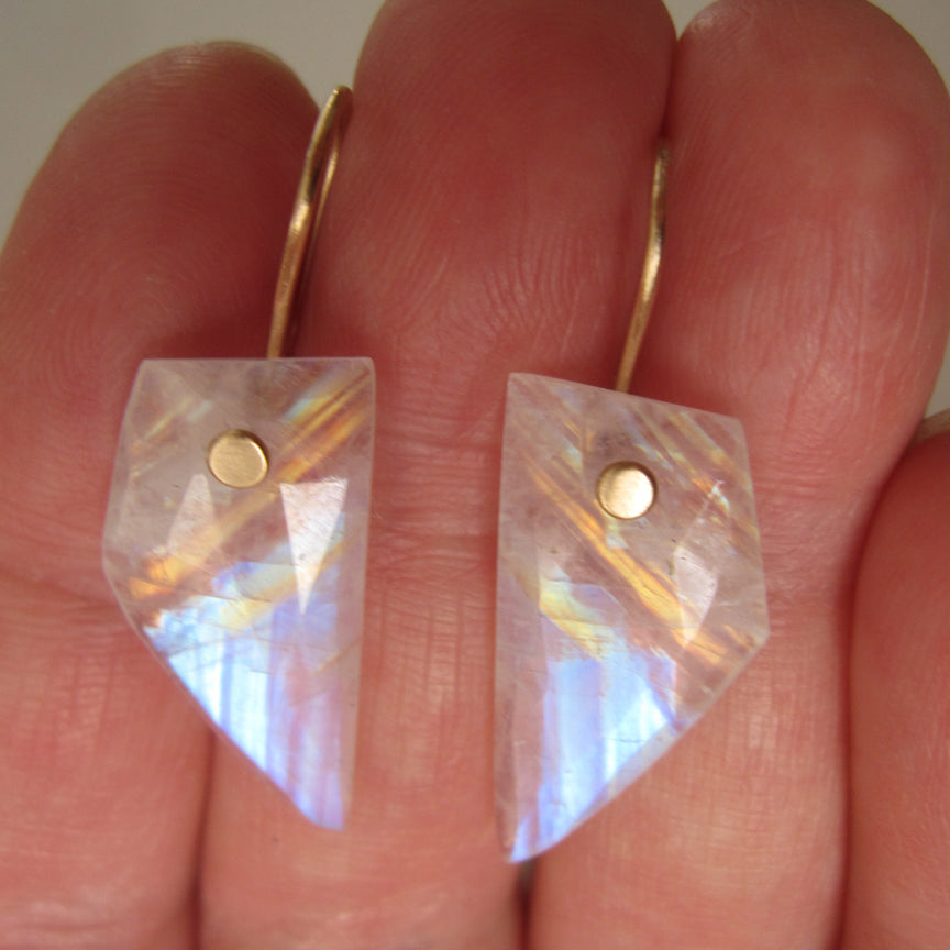 rainbow moonstone angular wing slices solid 14k gold earrings