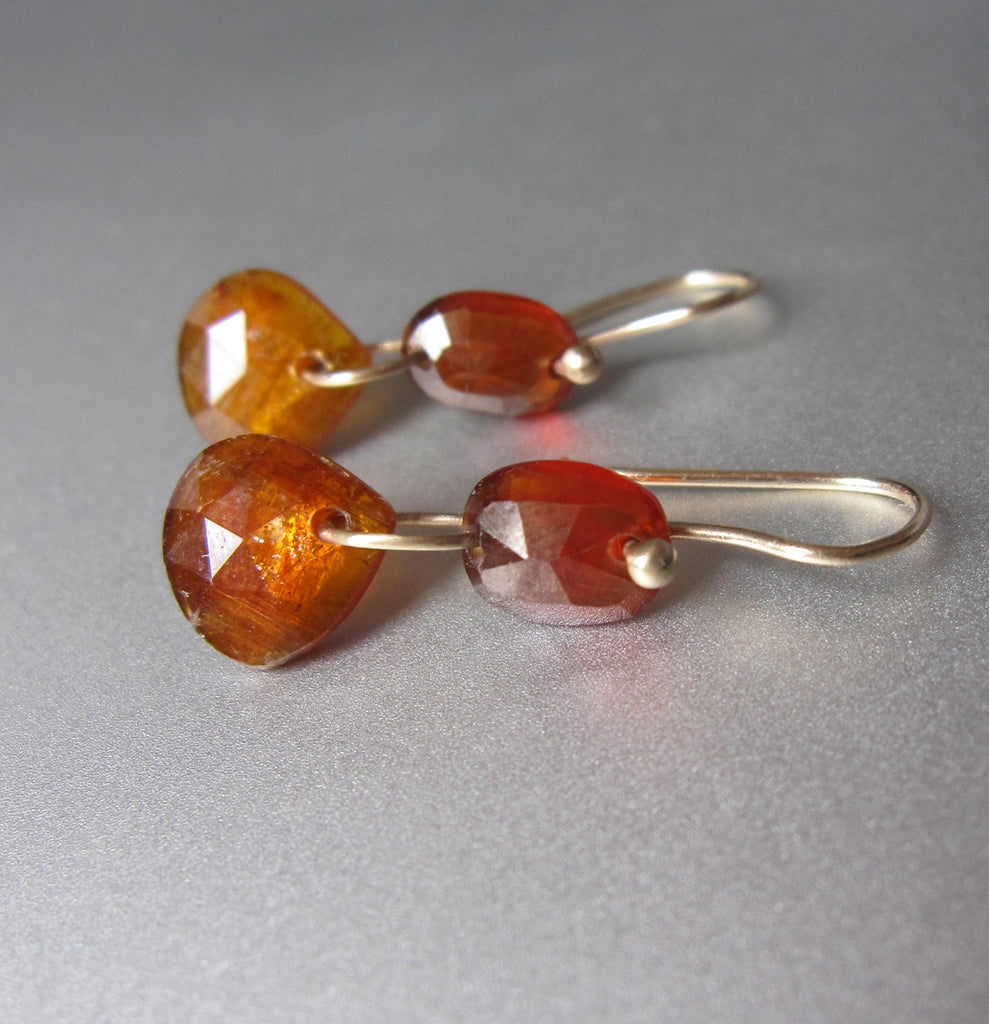 orange garnet and kyanite double drops solid 14k gold earrings