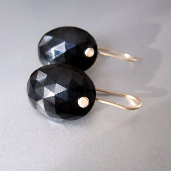 Black Spinel Rose Cut Oval Drops Solid 14k Gold Earrings