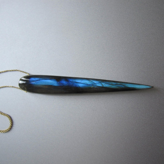 Blue Labradorite Long Spike Drop, Solid 14k Gold Necklace