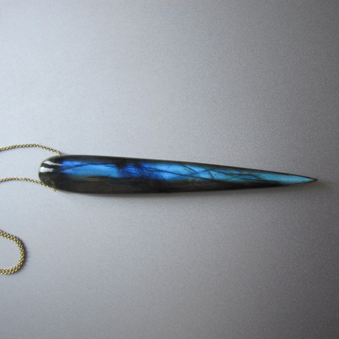 Blue Labradorite Long Spike Drop, Solid 14k Gold Necklace