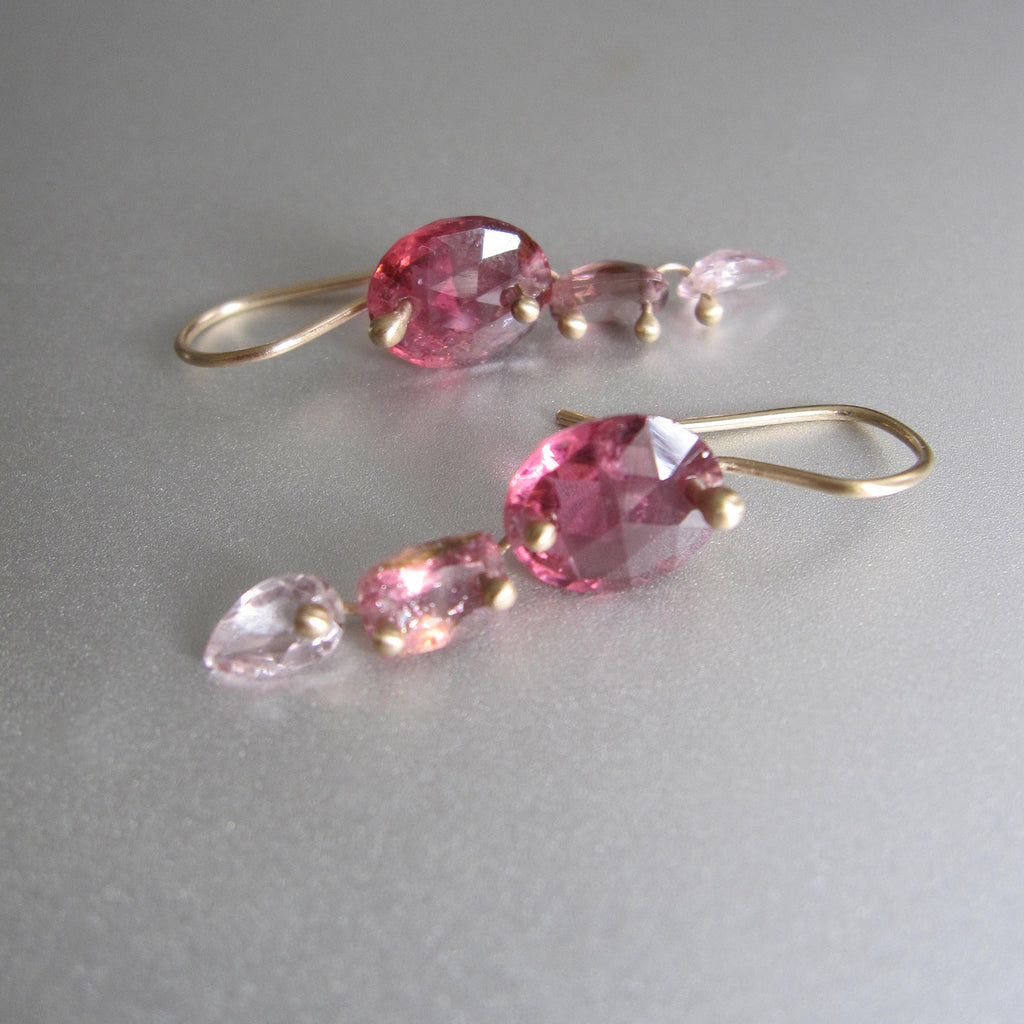 faceted pink tourmaline triple drops solid 14k gold earrings