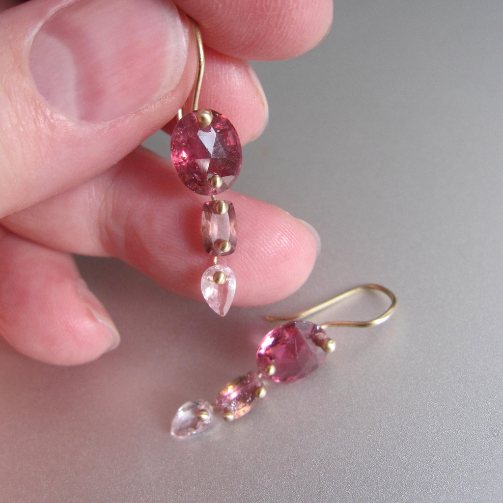 faceted pink tourmaline triple drops solid 14k gold earrings5