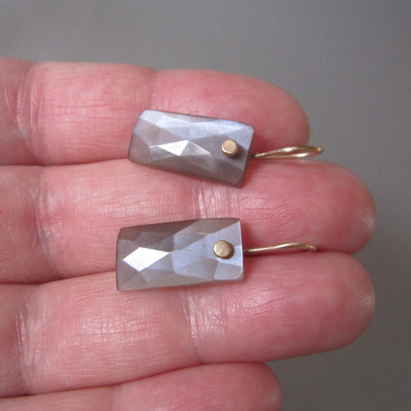 Gray Moonstone Rose Cut Baguette Drops Solid 14k Gold Earrings