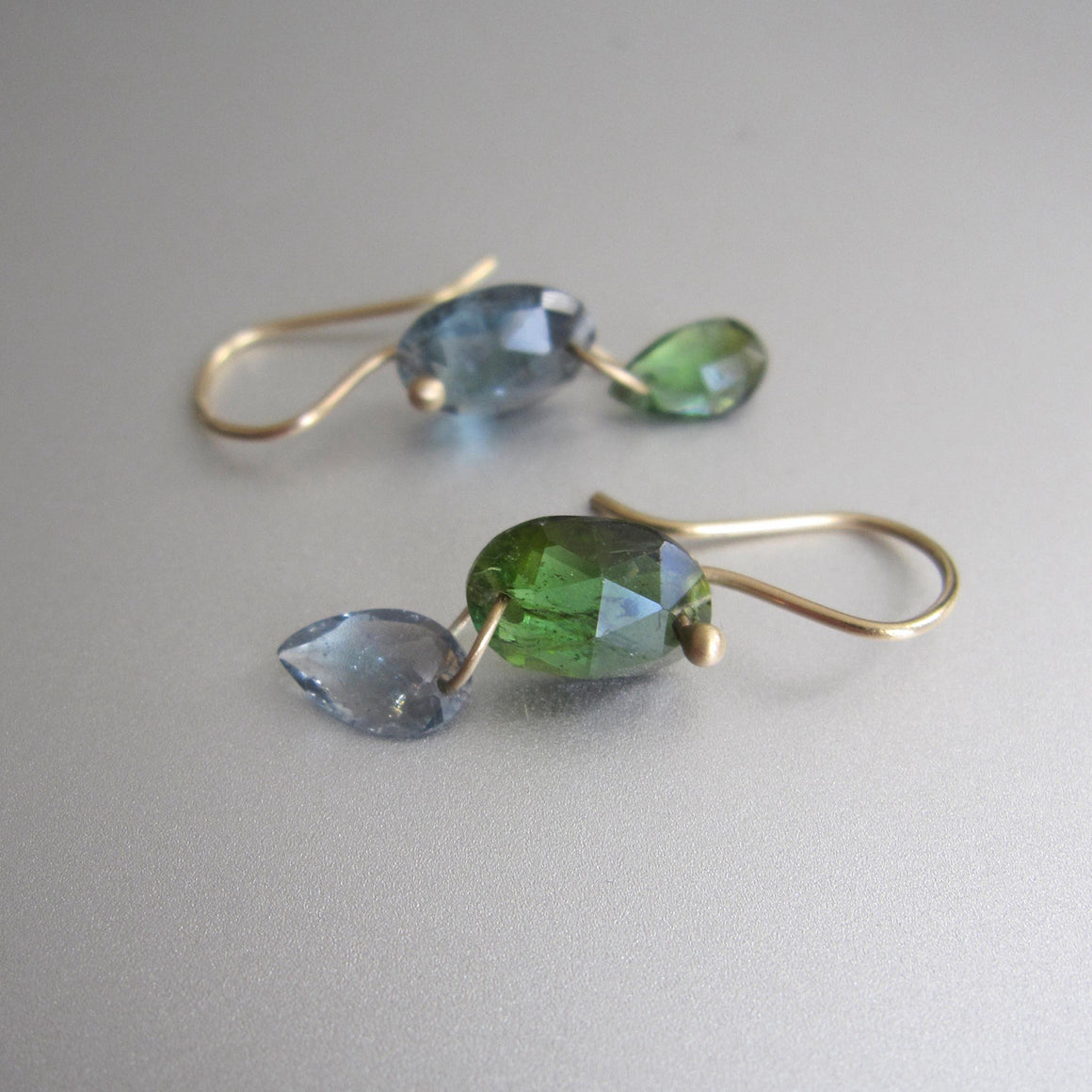 Small Green and Blue Tourmaline Mismatched Double Drops, Solid 14k Gold Drop Earrings