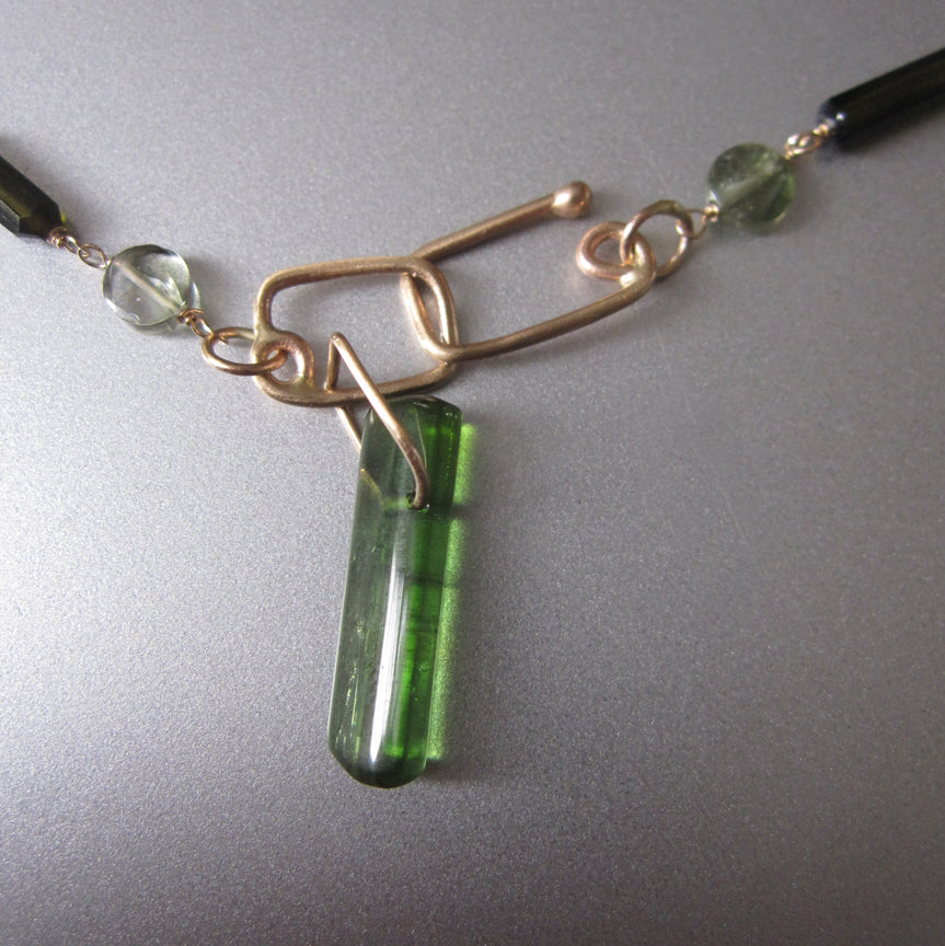 dark green tourmaline tube bead chrome green crystal solid 14k gold necklaceg5