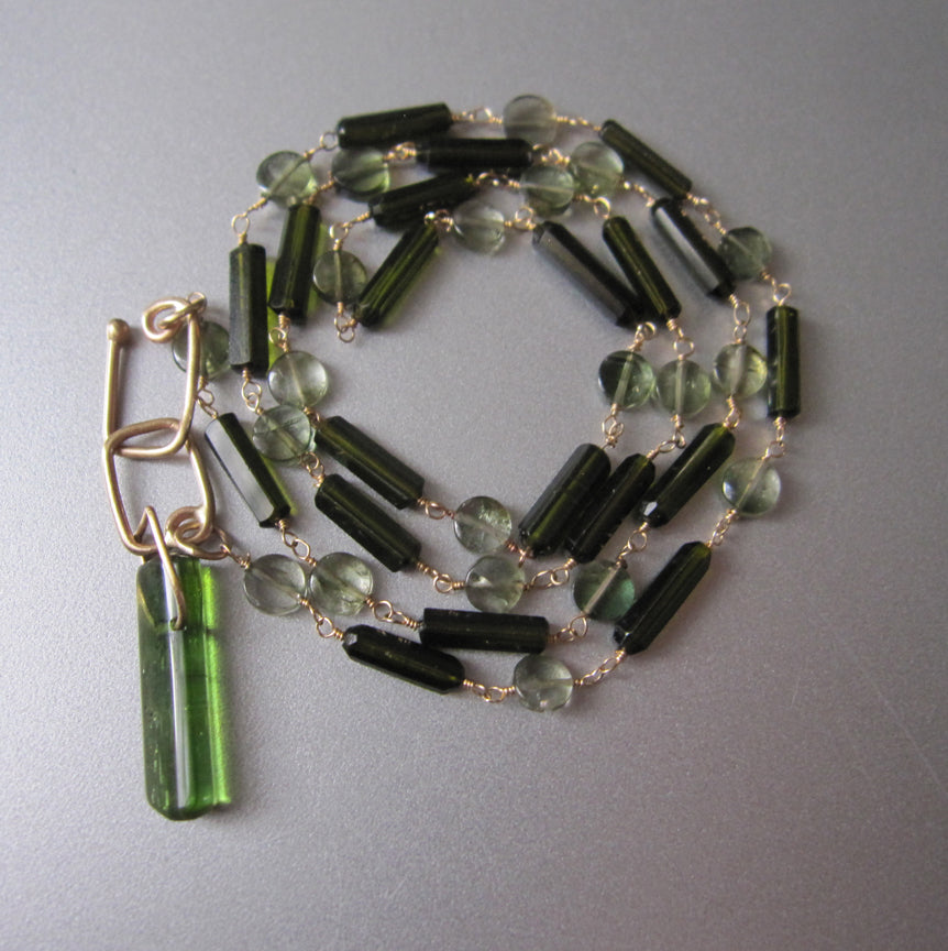dark green tourmaline tube bead chrome green crystal solid 14k gold necklaceg4