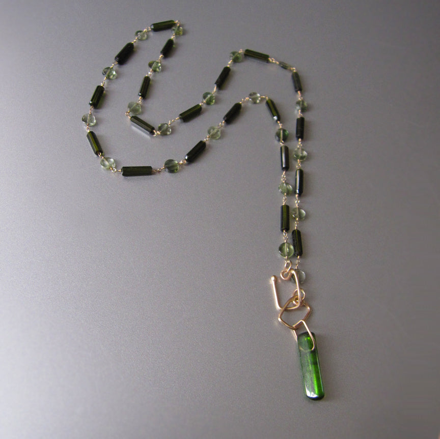 dark green tourmaline tube bead chrome green crystal solid 14k gold necklace