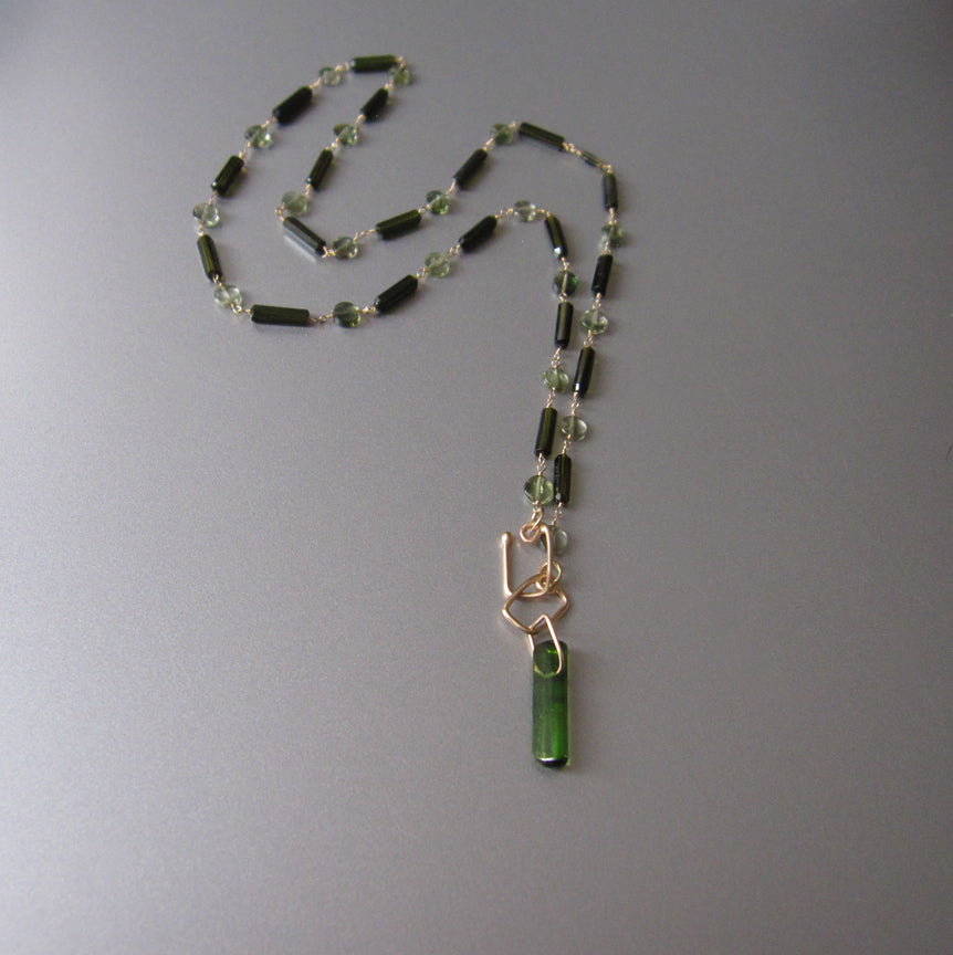 dark green tourmaline tube bead chrome green crystal solid 14k gold necklace4