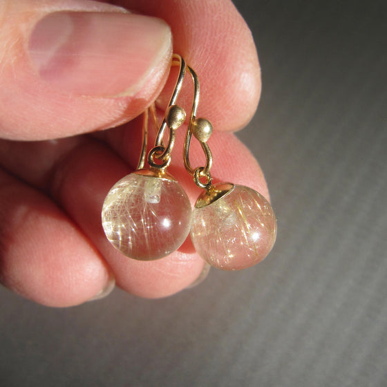 golden rutilated pools of light orbs solid 14k gold earrings