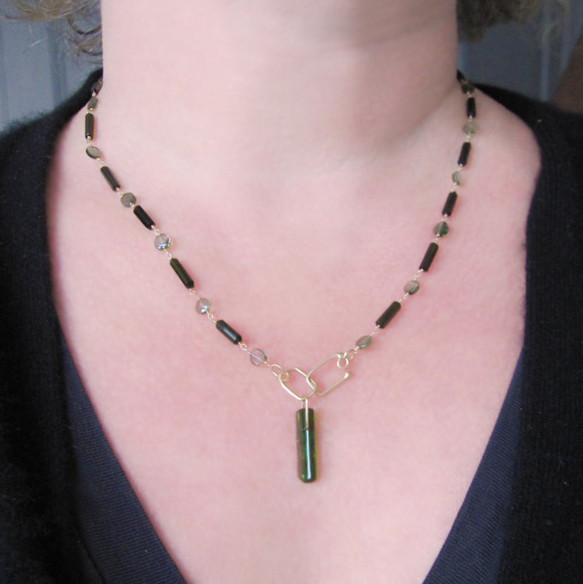 dark green tourmaline tube bead chrome green crystal solid 14k gold necklaceg3