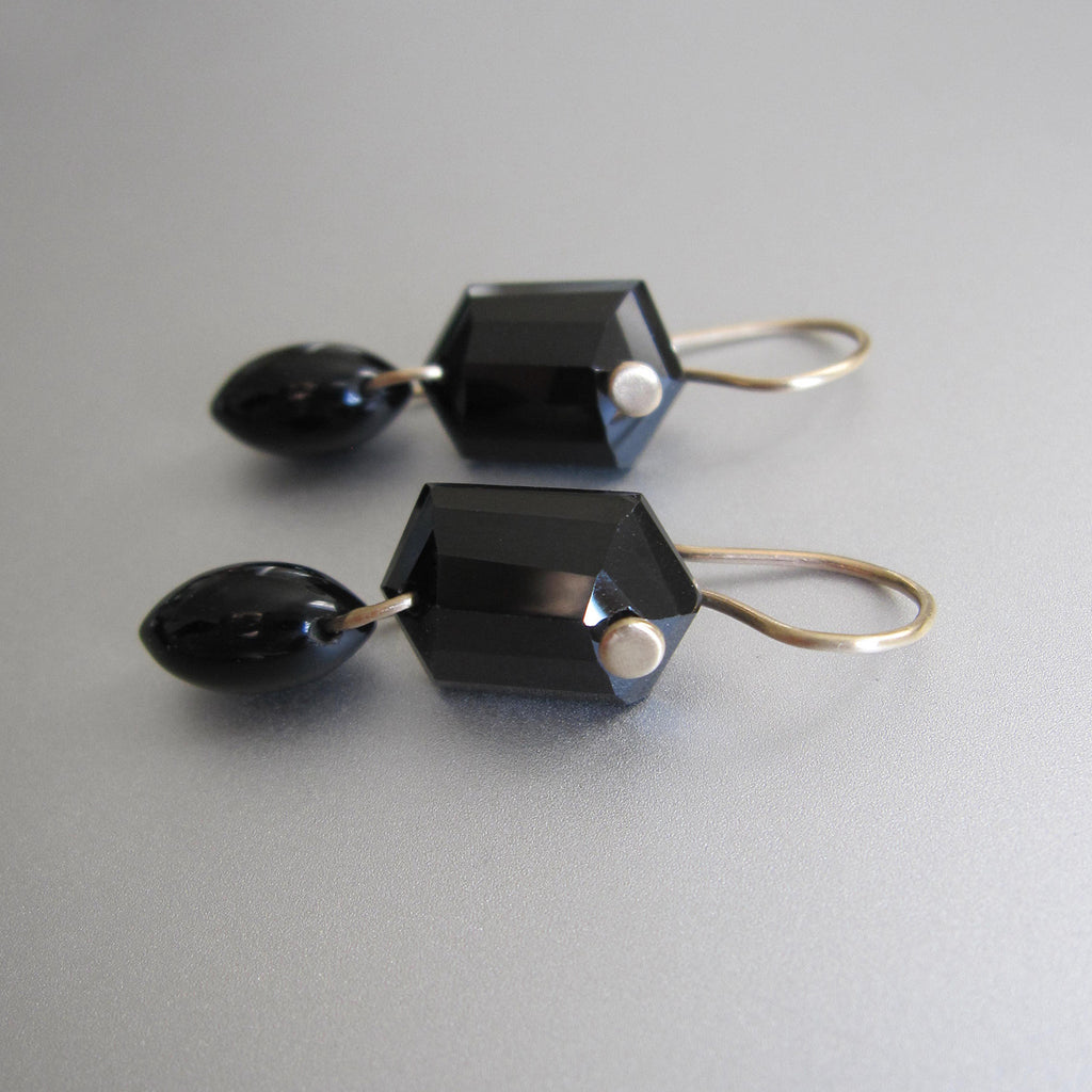 black spinel shield and marquise double drops solid 14k gold earrings2