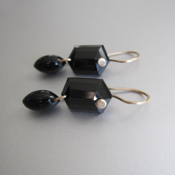 black spinel shield and marquise double drops solid 14k gold earrings