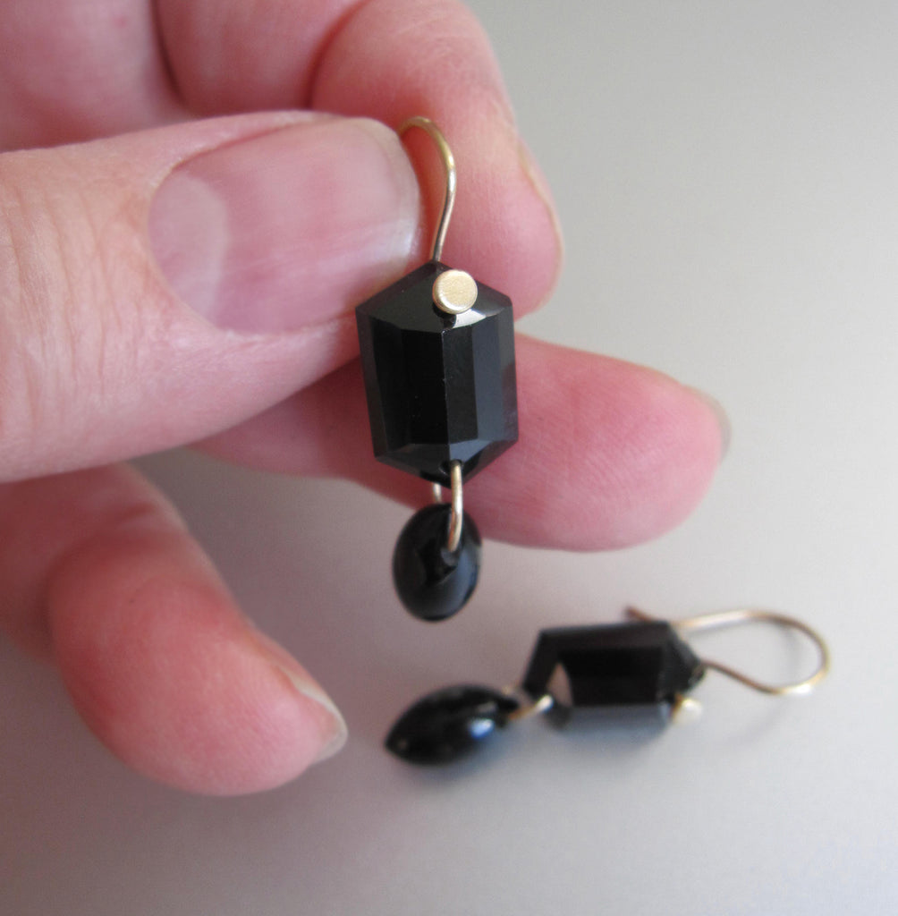 black spinel shield and marquise double drops solid 14k gold earrings4