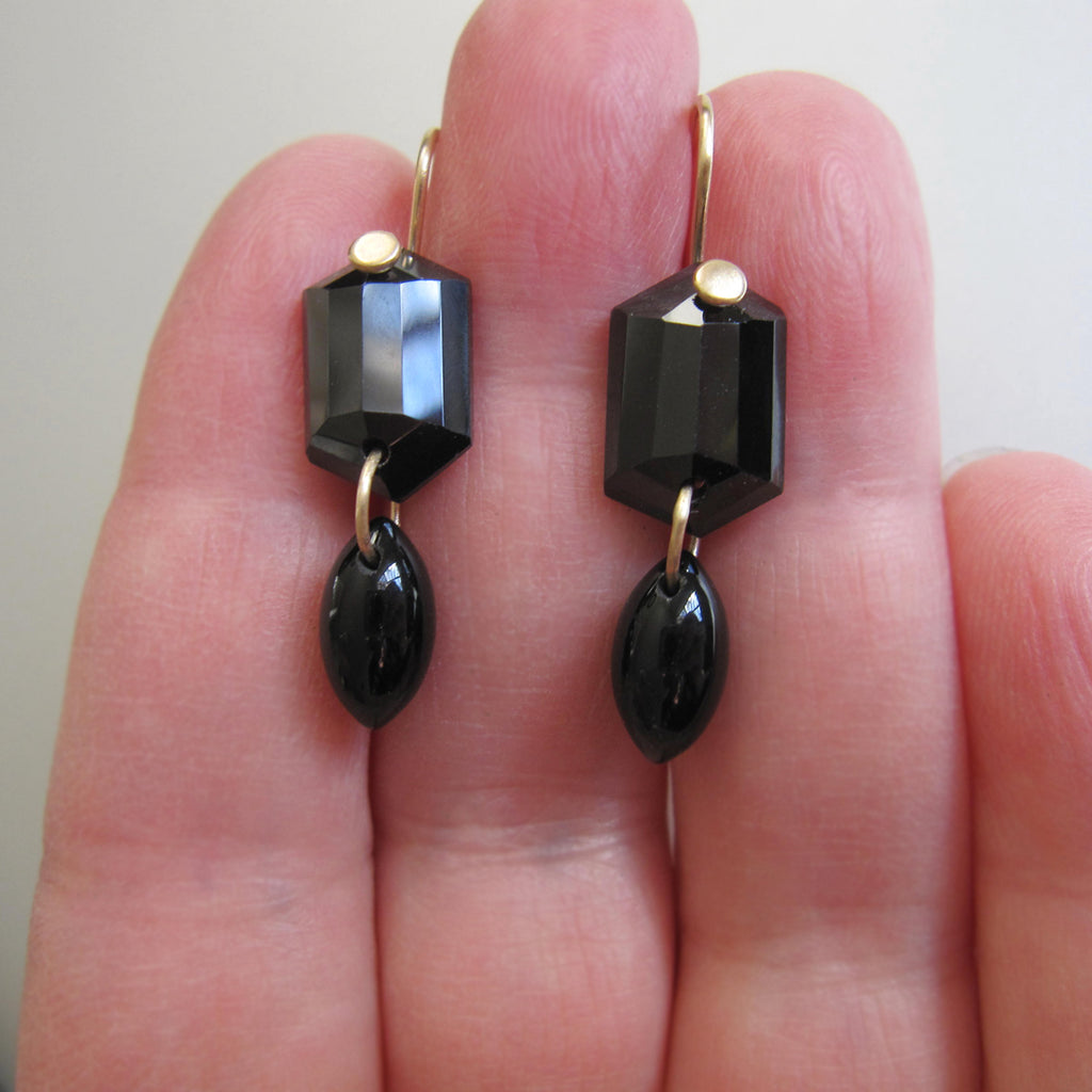 black spinel shield and marquise double drops solid 14k gold earrings5