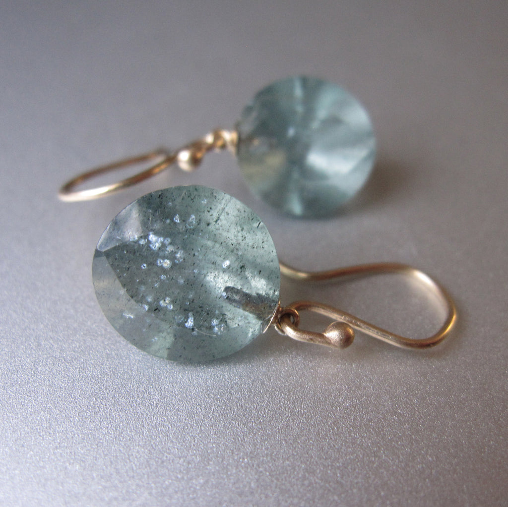 Moss Aquamarine Round Faceted Drops Solid 14k Gold Earrings 
