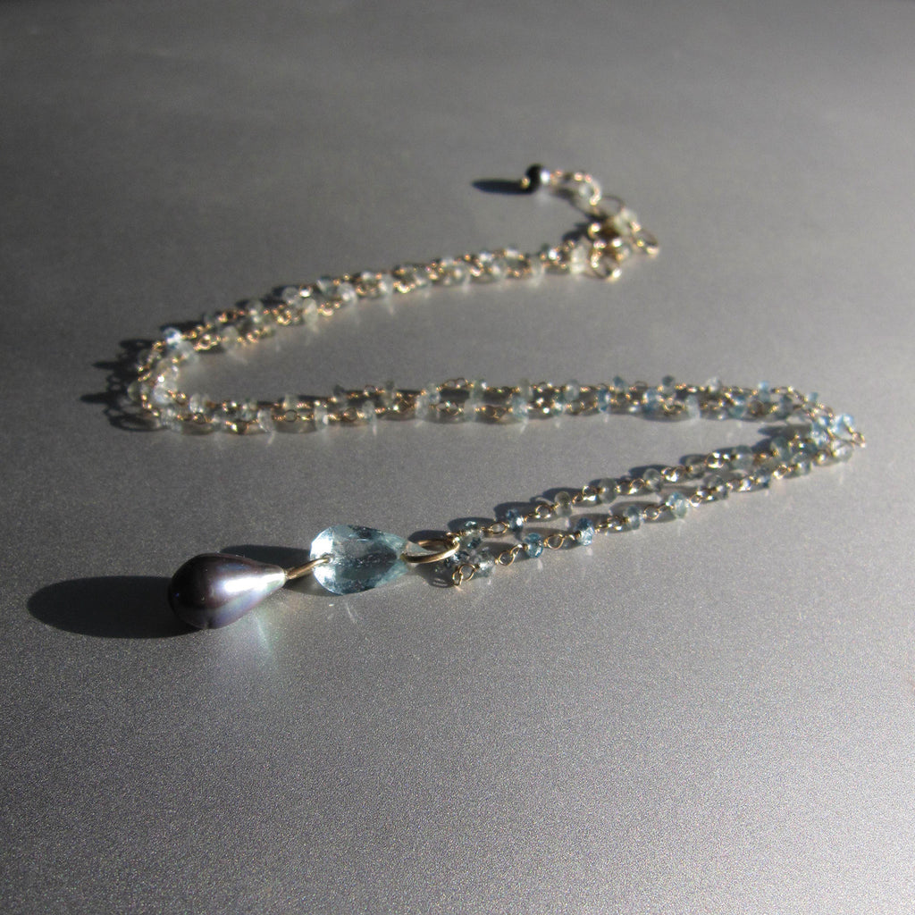 Aquamarine and Gray Pearl Double Drop Pendant, Solid 14k Gold Beaded Chain Drop Necklace