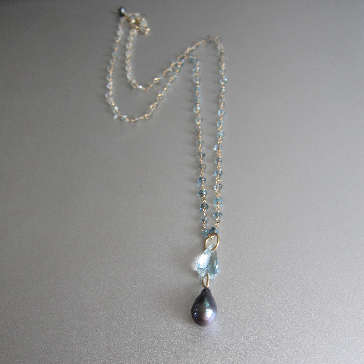 Aquamarine and Gray Pearl Double Drop Pendant, Solid 14k Gold Beaded Chain Drop Necklace
