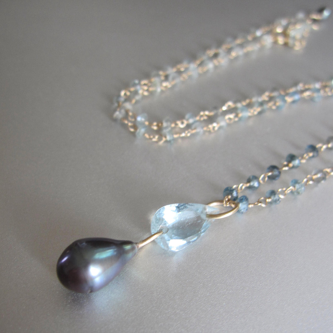 Aquamarine and Gray Pearl Double Drop Pendant, Solid 14k Gold Beaded Chain Drop Necklace