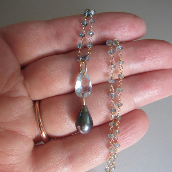 Aquamarine and Gray Pearl Double Drop Pendant, Solid 14k Gold Beaded Chain Drop Necklace