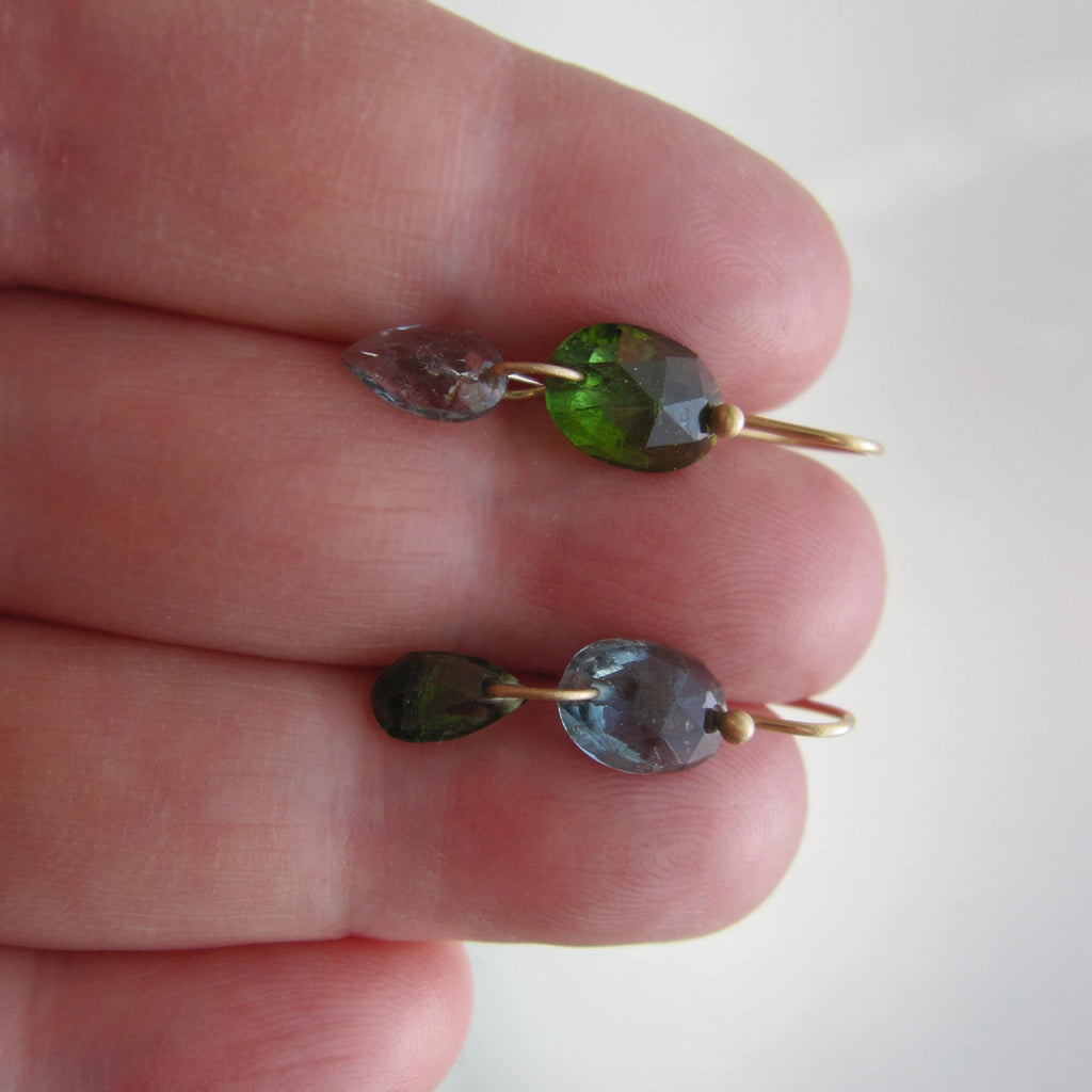 Reserved for D --- Small Green and Blue Tourmaline Mismatched Double Drops, Solid 14k Gold Drop Earrings