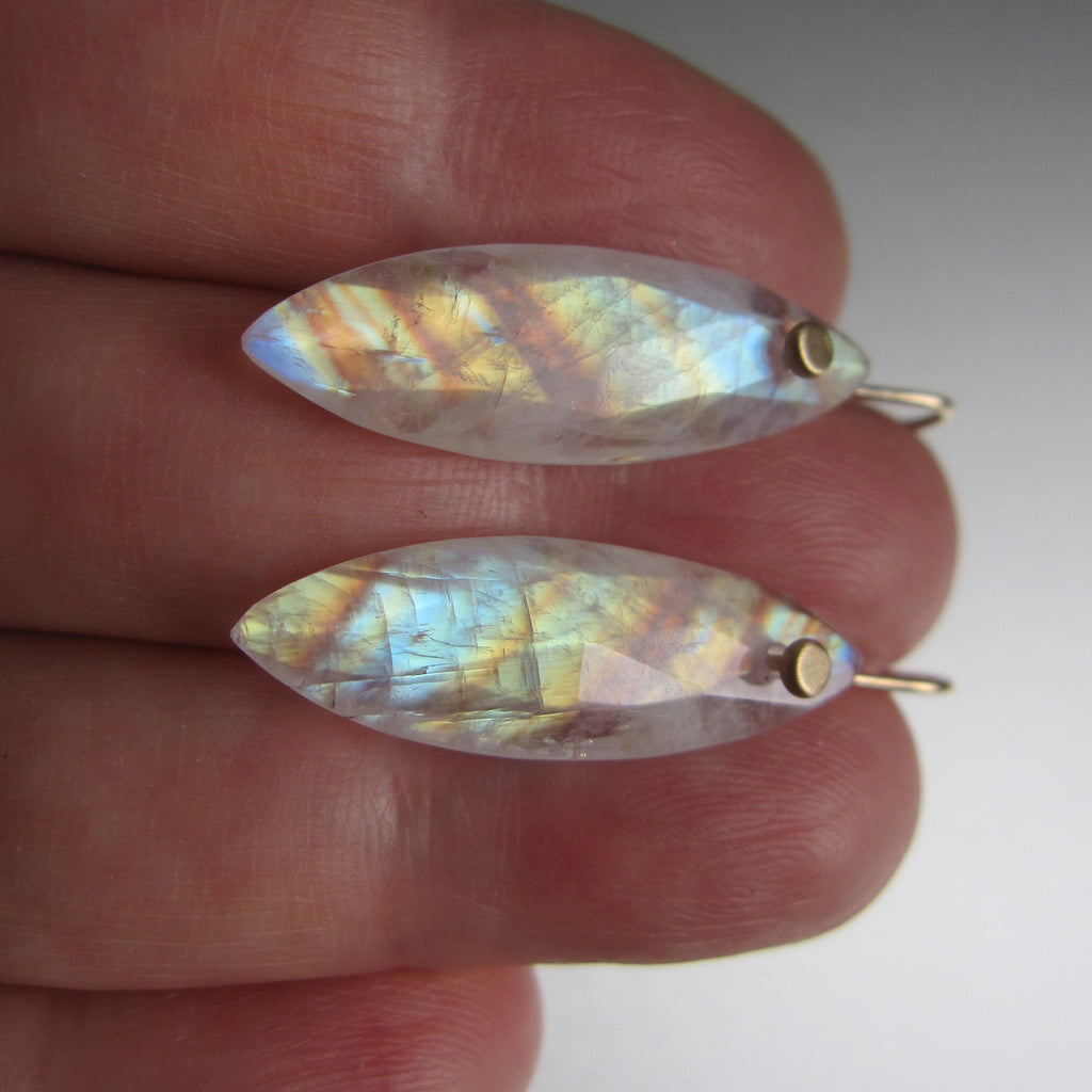 Rainbow Moonstone, Long Marquise Rose Cut Drops, Solid 14k Gold 4
