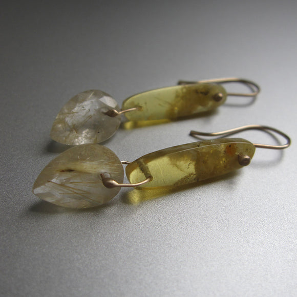yellow opal and golden rutilated quartz double drop solid 14k gold earrings