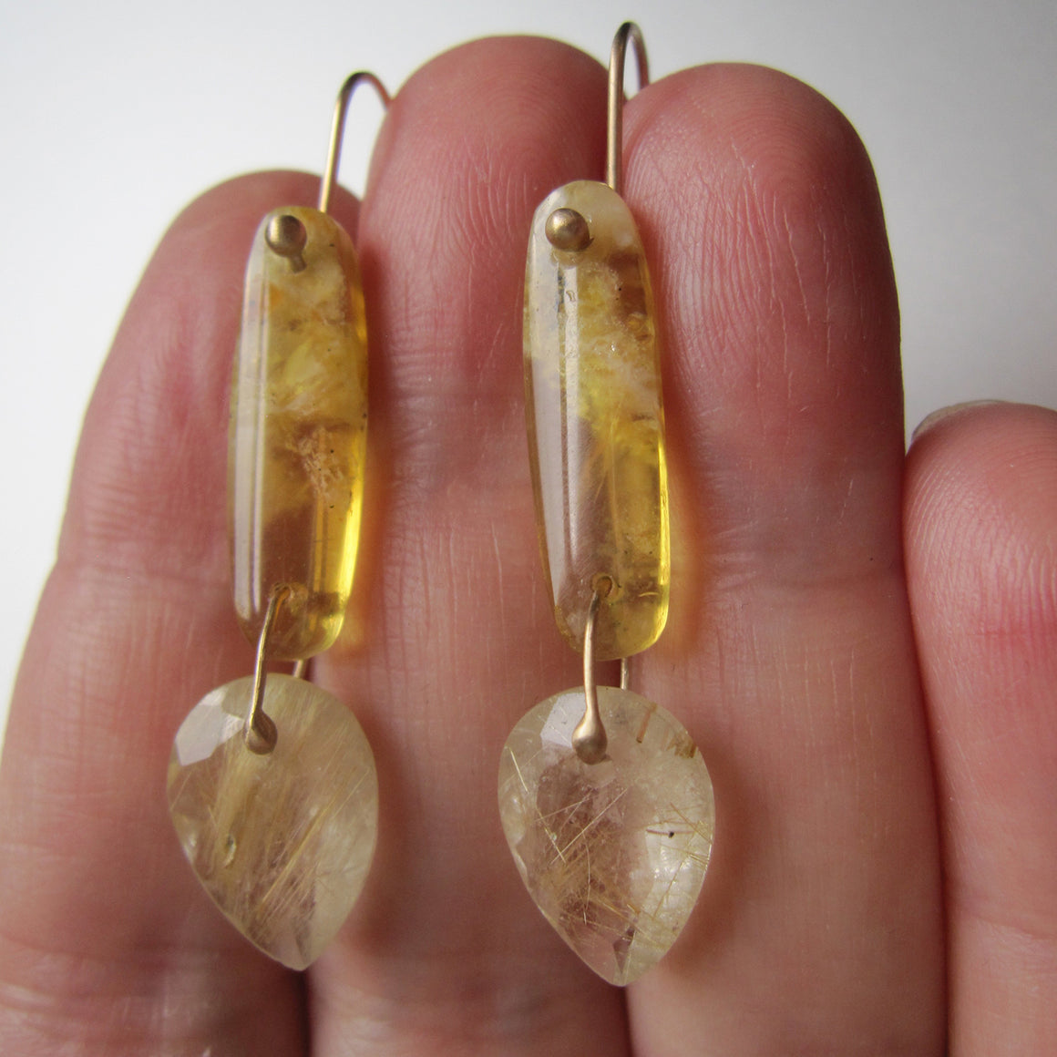 yellow opal and golden rutilated quartz double drop solid 14k gold earrings
