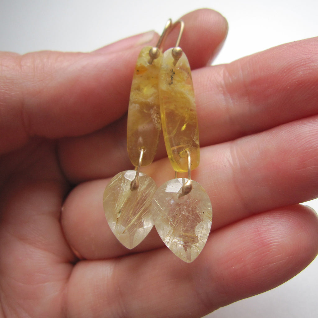 yellow opal and golden rutilated quartz double drop solid 14k gold earrings4