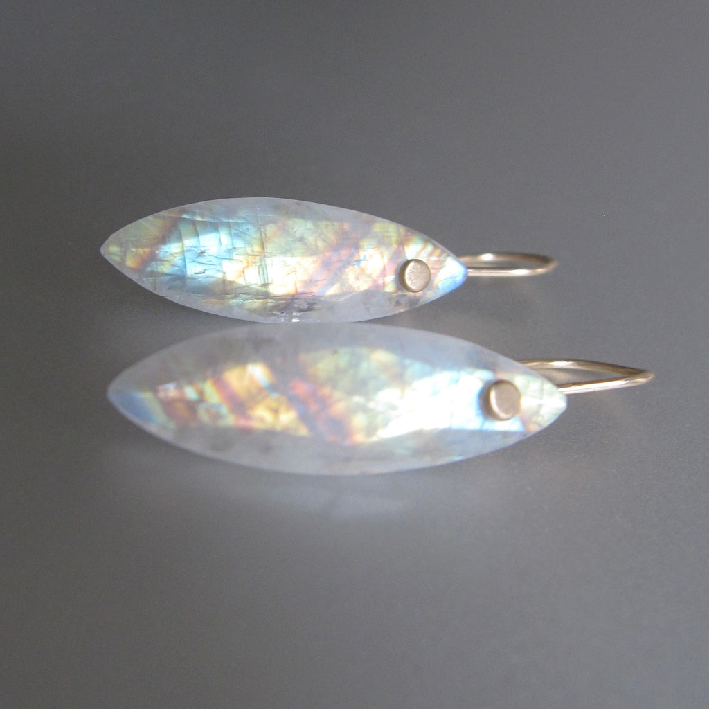 Rainbow Moonstone, Long Marquise Rose Cut Drops, Solid 14k Gold 