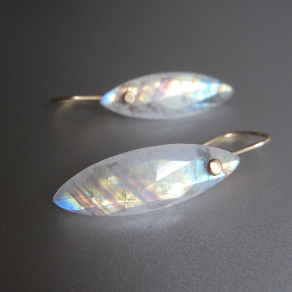 Rainbow Moonstone, Long Marquise Rose Cut Drops, Solid 14k Gold 3