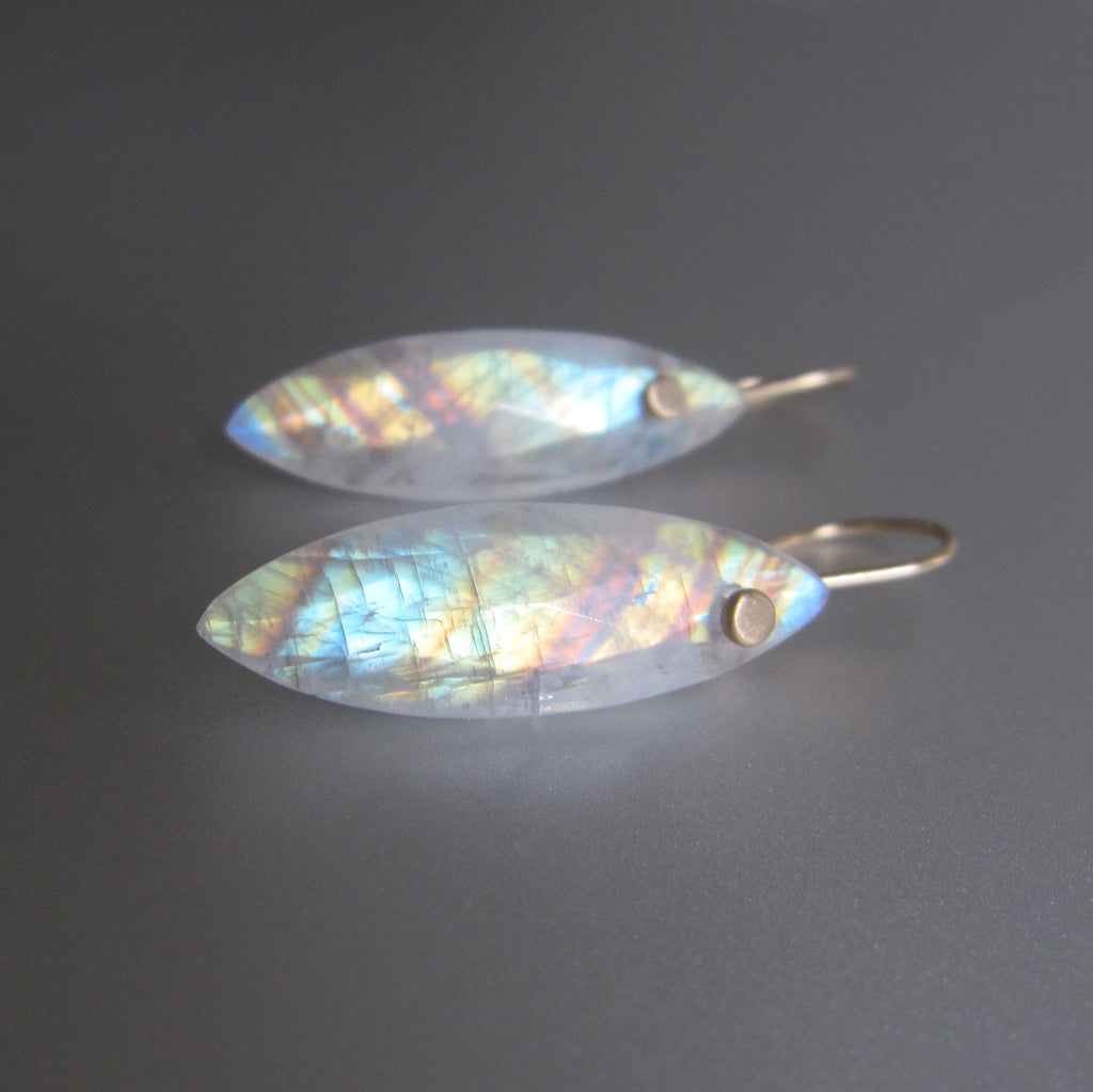 Rainbow Moonstone, Long Marquise Rose Cut Drops, Solid 14k Gold 2
