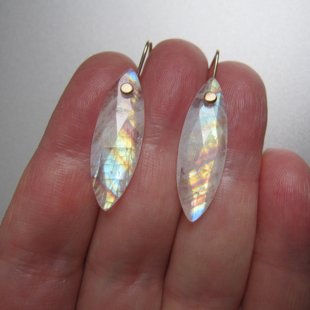 Rainbow Moonstone, Long Marquise Rose Cut Drops, Solid 14k Gold 5