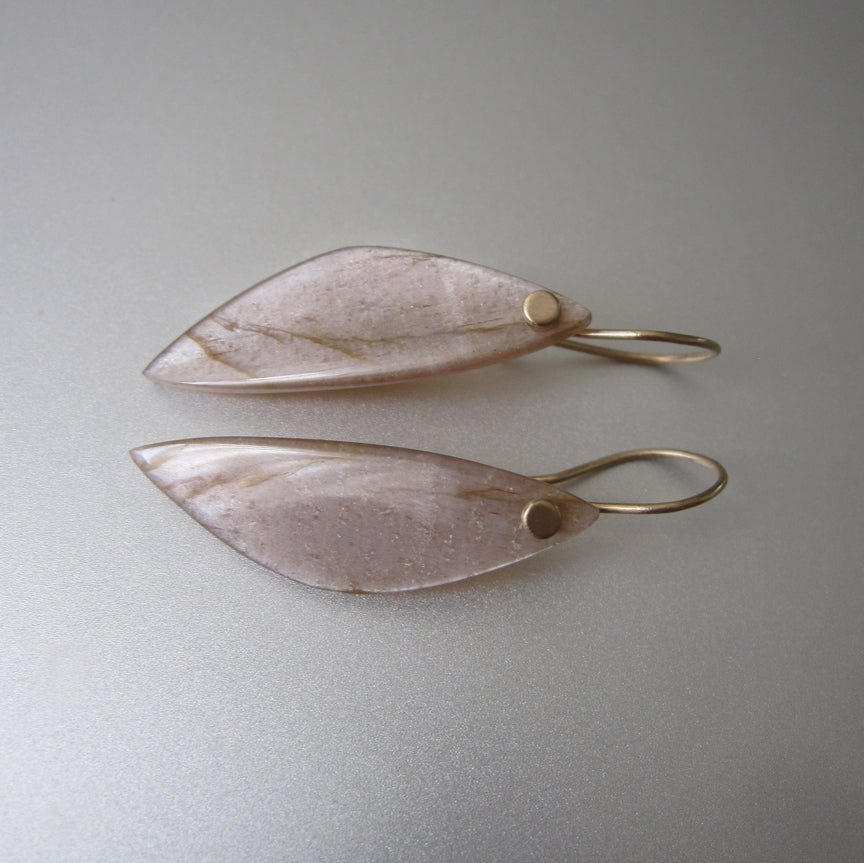 Long peach wing shaped moonstone drops solid 14k gold earrings4