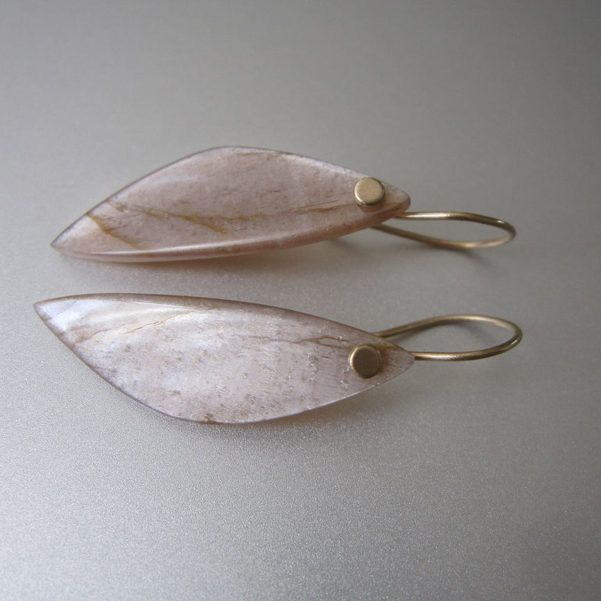Long peach wing shaped moonstone drops solid 14k gold earrings5