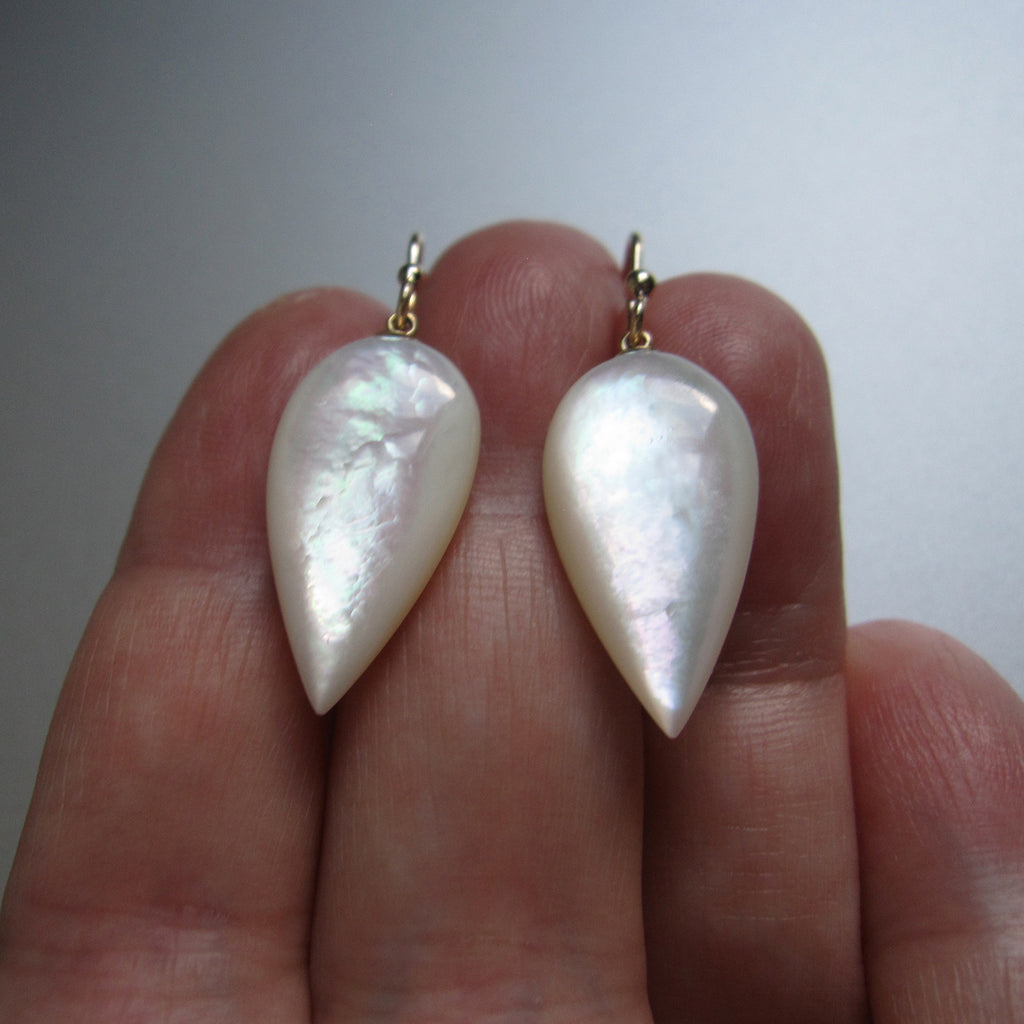 mother of pearl long pointed drops solid 14k gold earrings