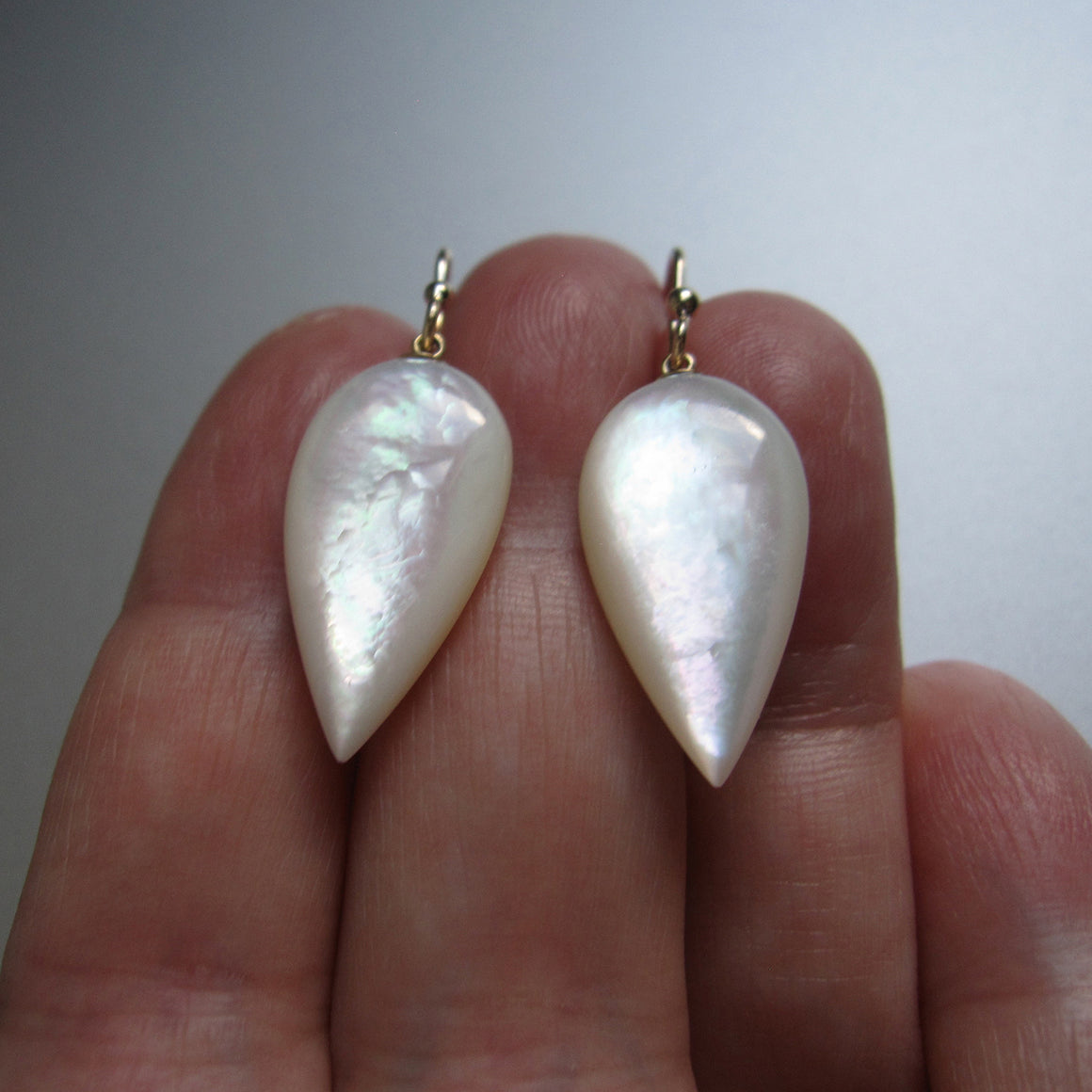 mother of pearl long pointed drops solid 14k gold earrings