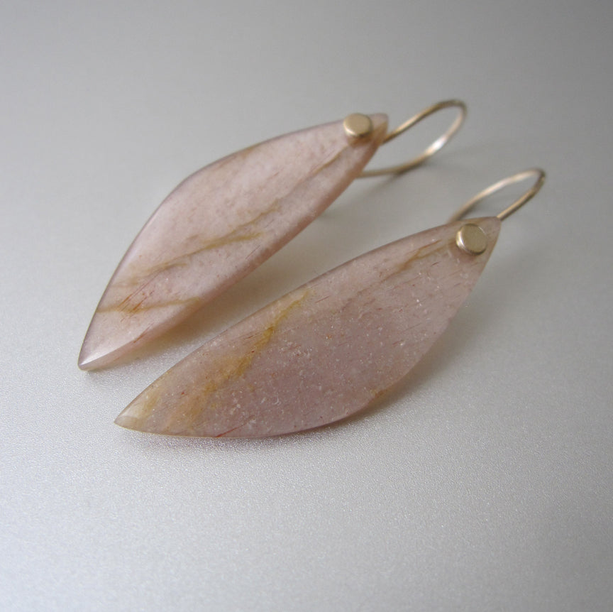 Long peach wing shaped moonstone drops solid 14k gold earrings3