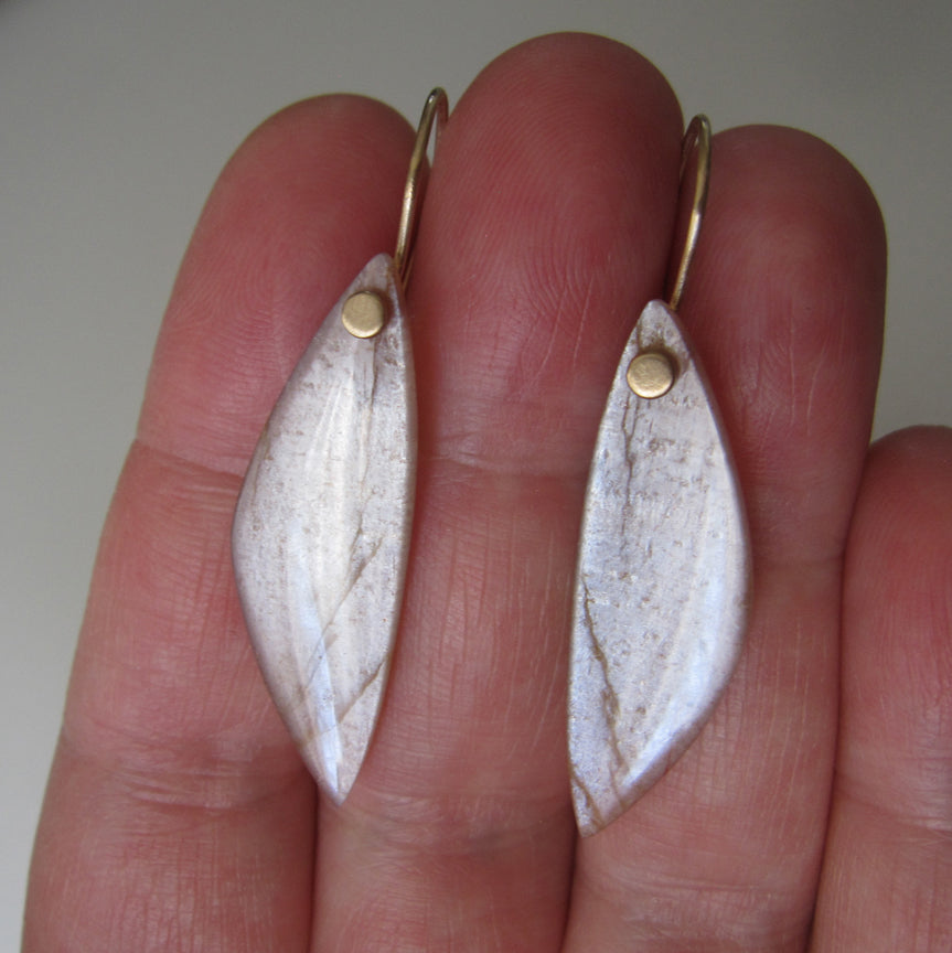 Long peach wing shaped moonstone drops solid 14k gold earrings6