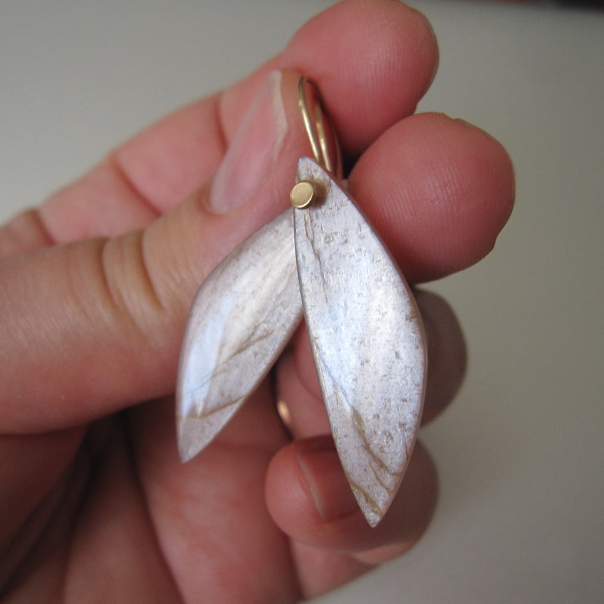 Long peach wing shaped moonstone drops solid 14k gold earrings
