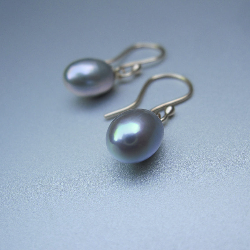 light gray freshwater pearl drops solid 14k gold earrings