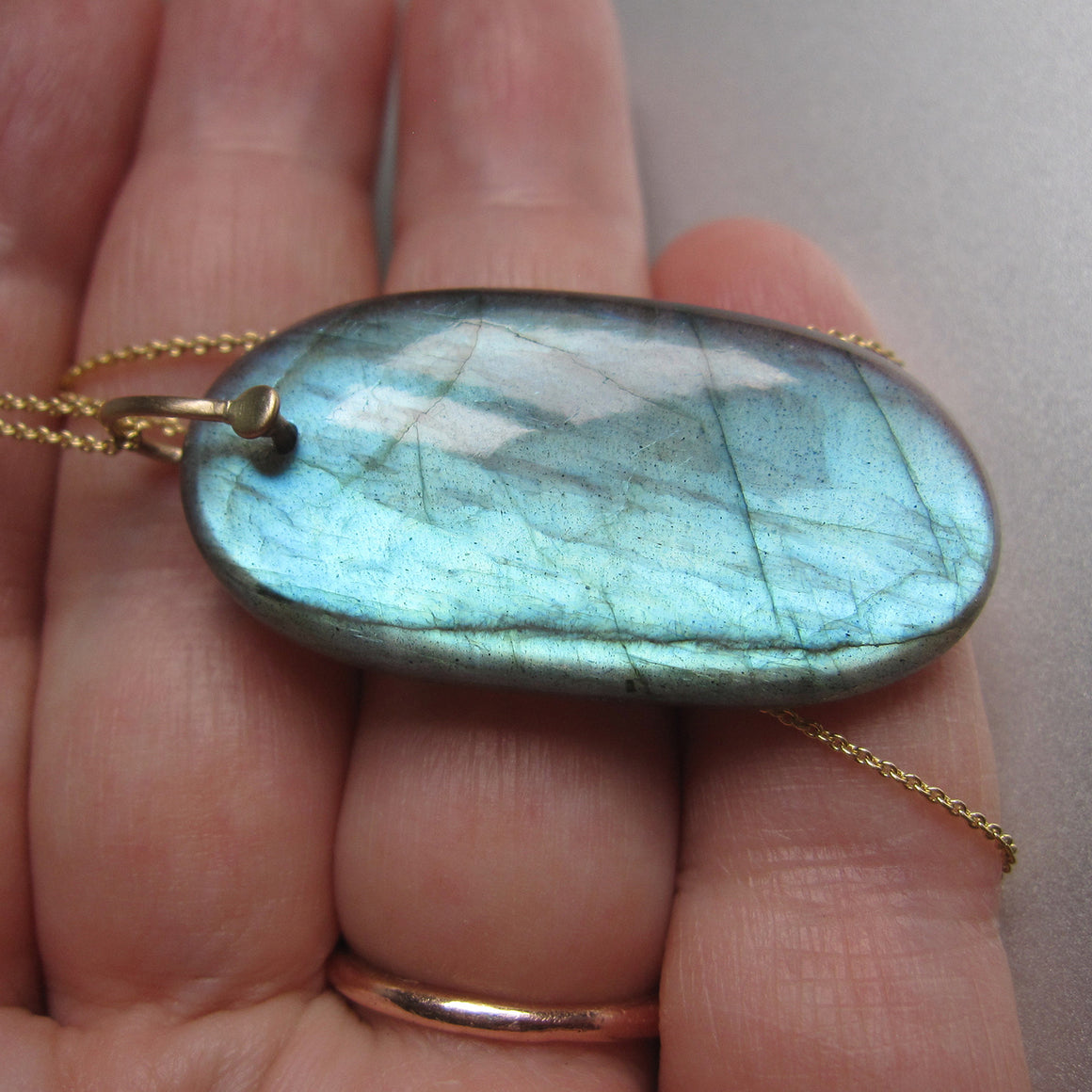 Blue Labradorite Long Drop solid 14k gold necklace