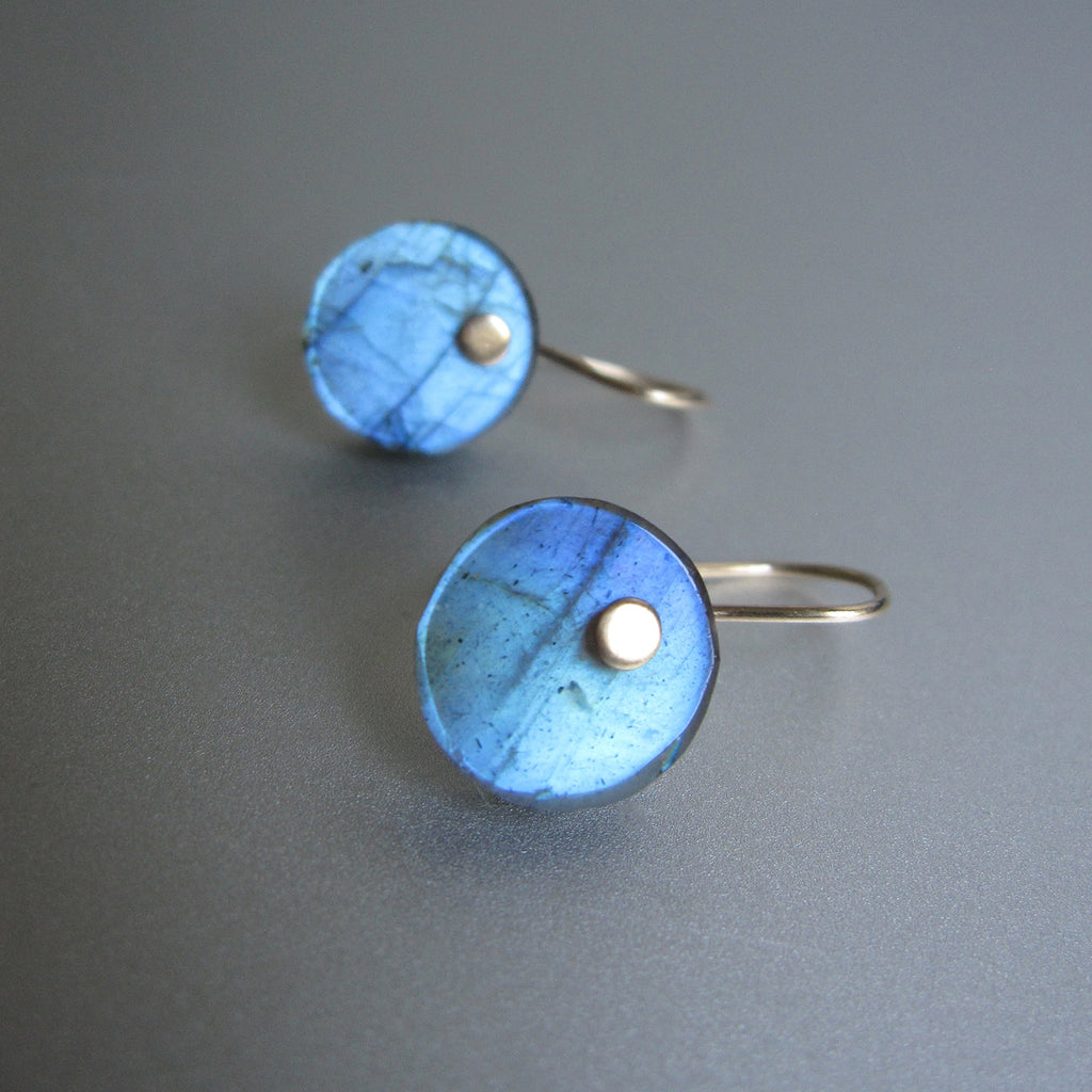 Blue Labradorite Disc Button Drops Solid 14k Gold Earrings3