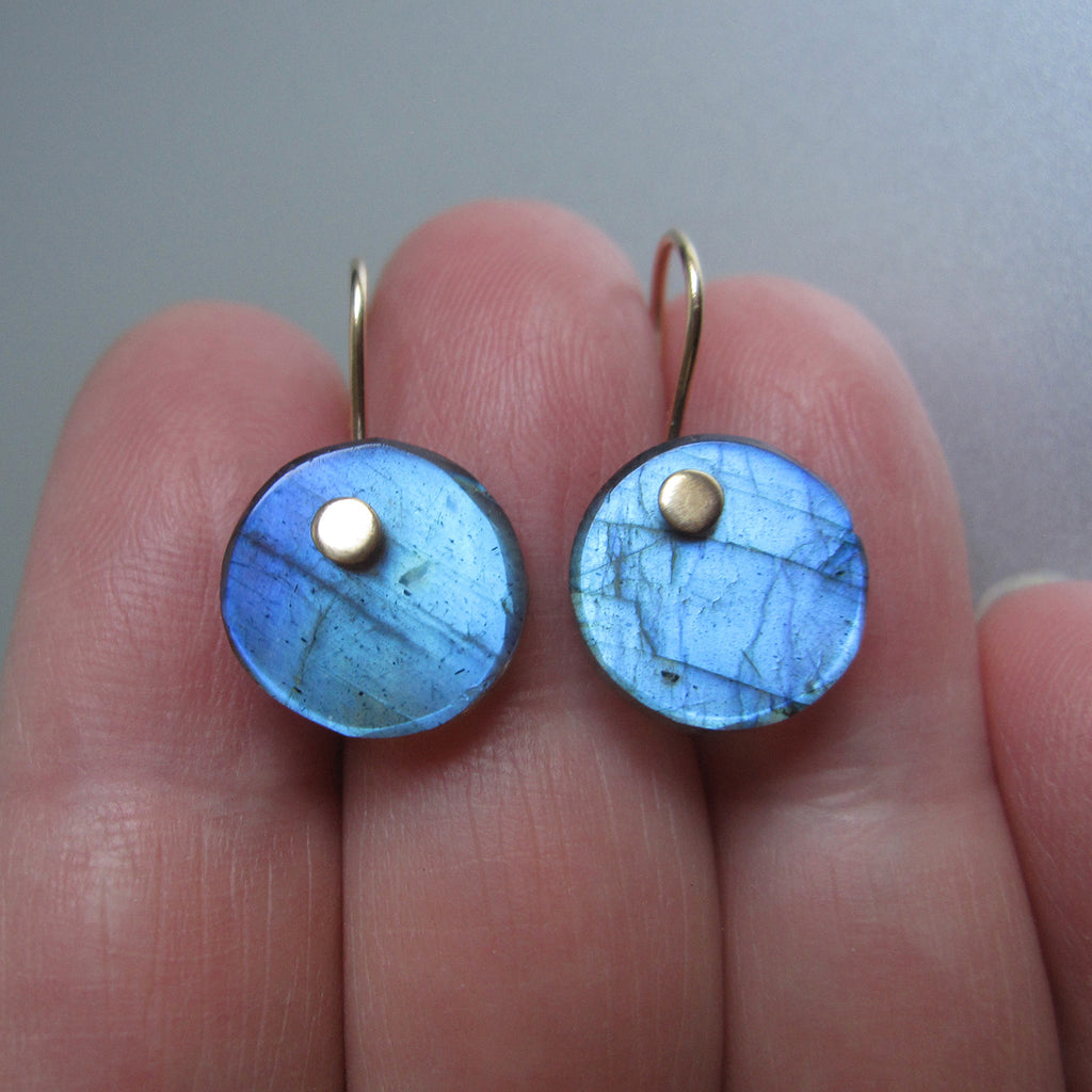 Blue Labradorite Disc Button Drops Solid 14k Gold Earrings4