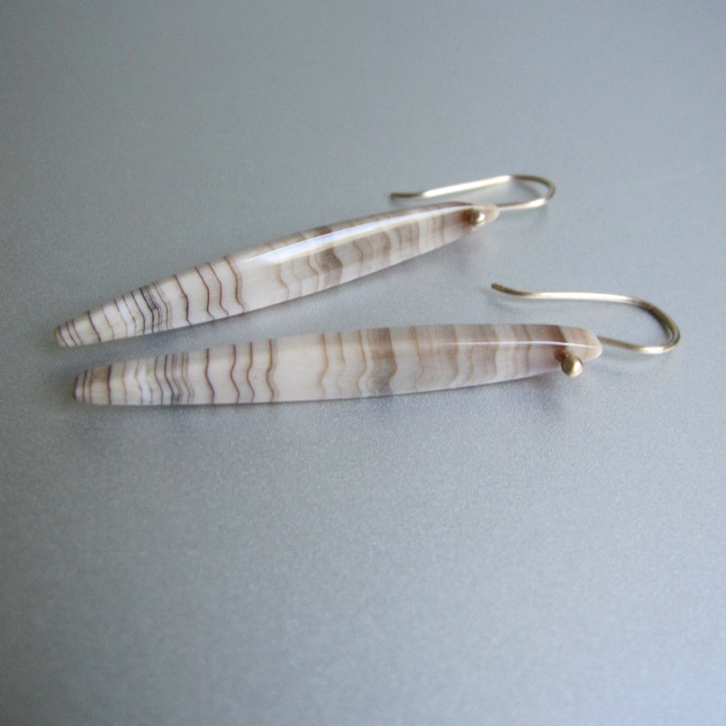 Banded wood opal long pointed drops solid 14k gold earrings