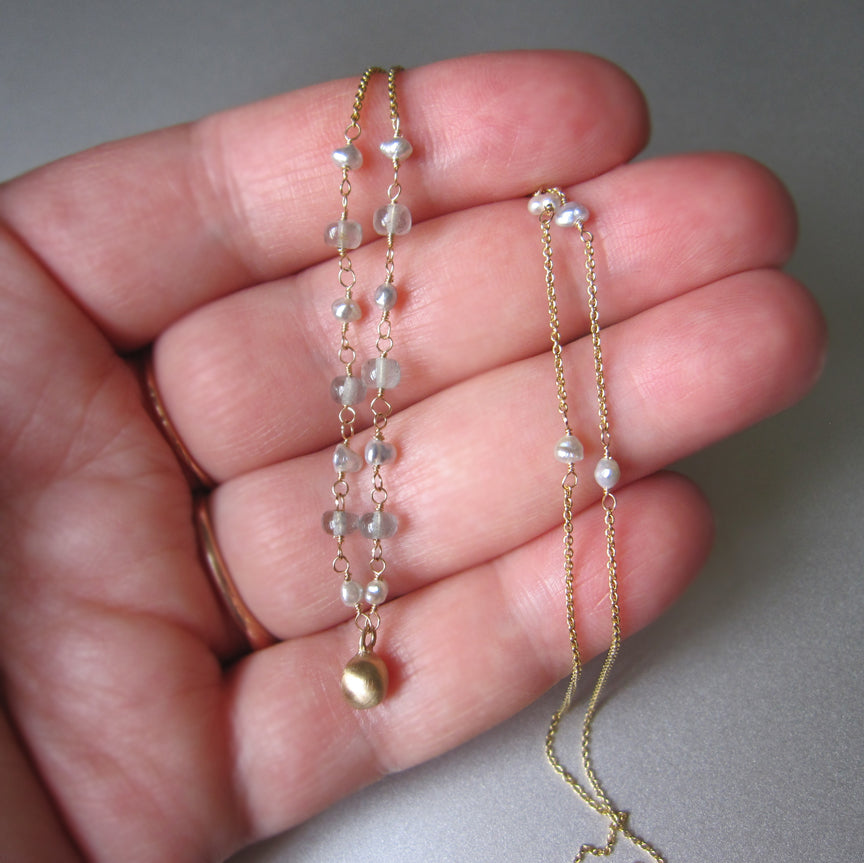 seed keshi pearl and aquamarine gold drop necklace solid 14k gold