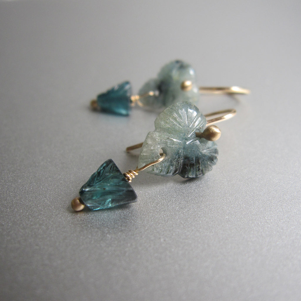 carved indicolite tourmaline flower double drops solid 14k gold earrings