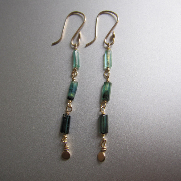 indicolite green tourmaline long crystal solid 14k gold earrings